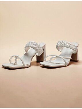 Braided Strap Block Heel Sandals In White With Square Toe And Strappy Design